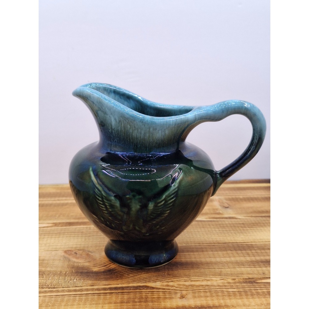 Hull Pottery USA Imperial Eagle Blue Drip Glaze Pitcher F-91 1970s Bicentennial